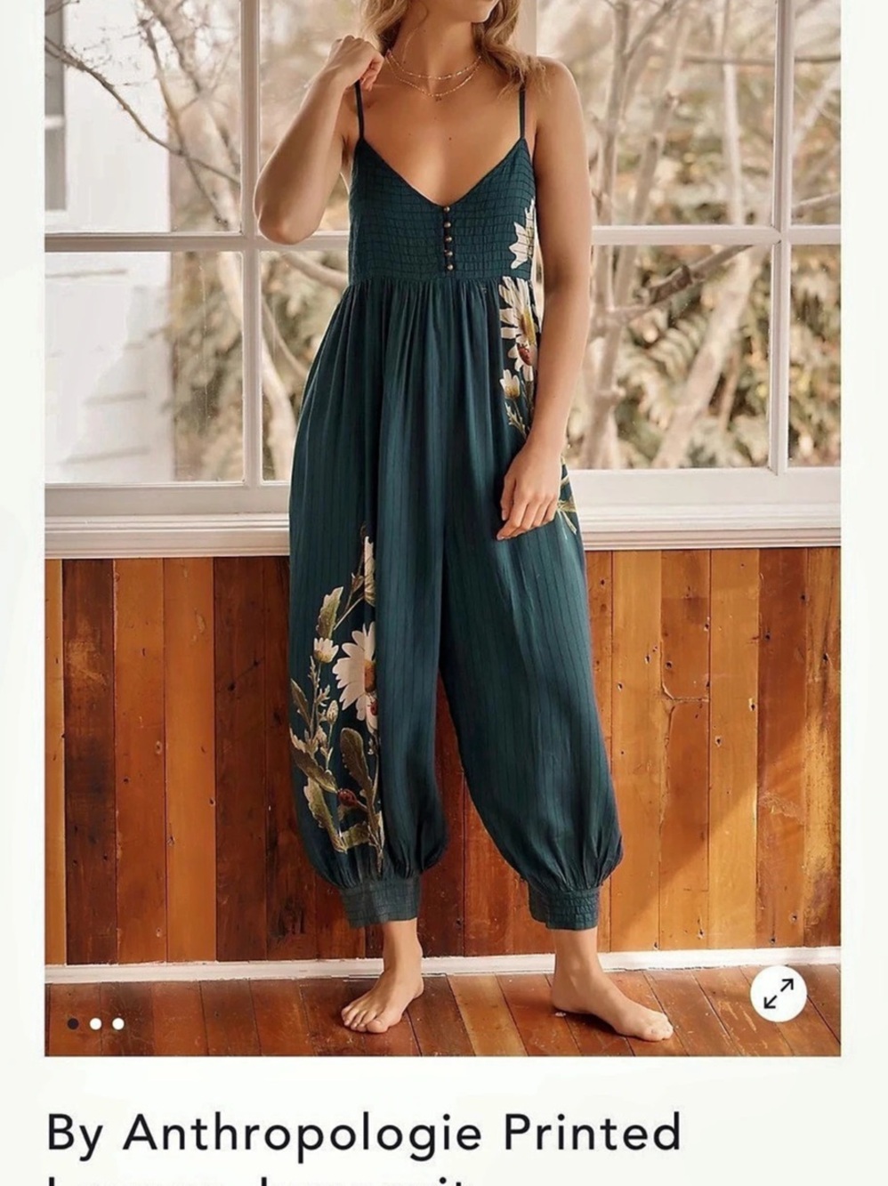 Anthropologie Printed Lounge Jumpsuit Floral Lounge Jumpsuit in Green Like New
